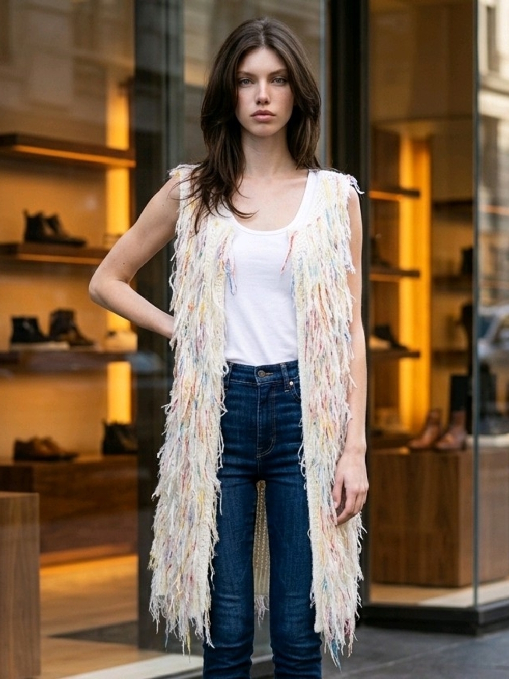 Lauren Michelle cream Knit Cardigan Multicolored Shaggy Fringe Boho-Chic L